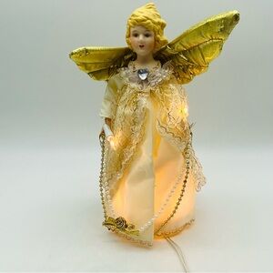 Shiny Gold & Lace Angel Porcelain Face & Hands Christmas Tree Topper